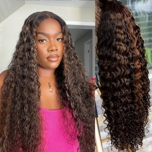 28 Inch Highlight Ombre Lace Front Wig Human Hair Highlight 1B/30 Black Brown 13x4 HD Lace Frontal Wigs Pre Plucked With Baby Hair Deep Wave Honey Blonde Human Hair Wigs for Black Women 180% Density