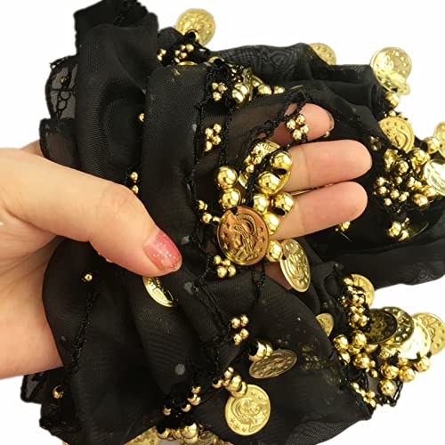 Multi-Row Gold Coins Belly Dance Wrap & Hip Scarf, Simple Classical Style -Black 128 Gold Coins Dance Skirt and Face Tattoo Sticker Metallic Temporary Transfer Tattoo