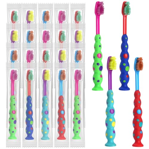100 Pack Kids Toothbrush Soft bristles Toddler Lovely Toothbrush with Suction Cup Bulk, Includes Travel Covers, Individually Wrapped Toothbrushes for Kid Home School Daycare Camp (Candy)