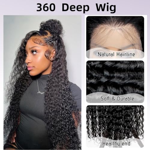 360 Full Lace Wigs Human Hair Deep Wave 360 HD Full Lace Wigs Human Hair Pre Plucked Wet and Wavy Human Hair Wig 360 Deep Wave Ponytail Curly Wig 360 Frontal Wig with Baby Hair Natural Color 28 inch