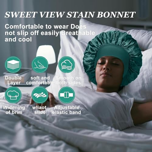 4PCS Silk Satin Bonnets for Black Women & Men - Elastic Wide Band Hair Wrap Cap for Curly Hair - Shower Cap for Sleeping (Black, Peacock Blue, Pink, Khaki)