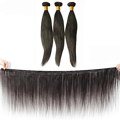 Human Hair 3 Bundles with Closure Straight 100% Unprocessed Virgin Brazilian Hair Bundles with 4x4 Lace Closure Free Part, Double Weft 10A Hair Weave Extensions, Natural Black Color (24" 24" 24" + 14" Closure)