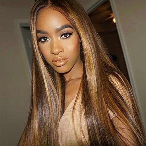 Lemoda Outlet Deals 13x6 Highlight Ombre Lace Front Wig Human Hair 180 Density 28 Inch Straight Transparent Lace Pre Plucked Honey Blonde Human Hair Wigs for Women P4/27 Color