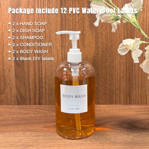 Soap Dispenser with Waterproof Labels, Thickened Plastic Hand Soap Dispenser for Bathroom, Kitchen Dish Washing Liquid Bottles, Shampoo and Conditioner Bottles (16.9 oz, Set of 2, Clear)