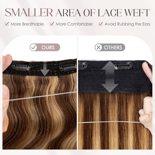 MY-LADY Wavy Halo Hair Extensions Real Human Hair for Women Medium Brown & Dark Blonde Clip in Remy Hairpiece with Adjustable Invisible Wire 18 Inch 65G