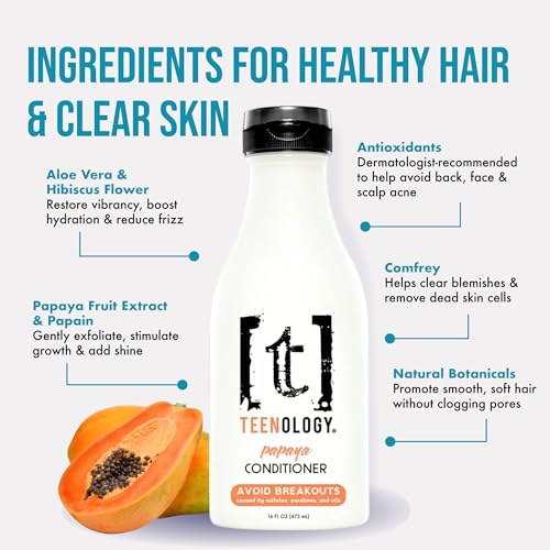 Teenology Conditioner for Teens - Avoid Forehead and Body Acne - Sulfate and Paraben Free, Noncomedogenic, Natural Botanical Extracts, NEW Fresh Papaya - 16 oz.