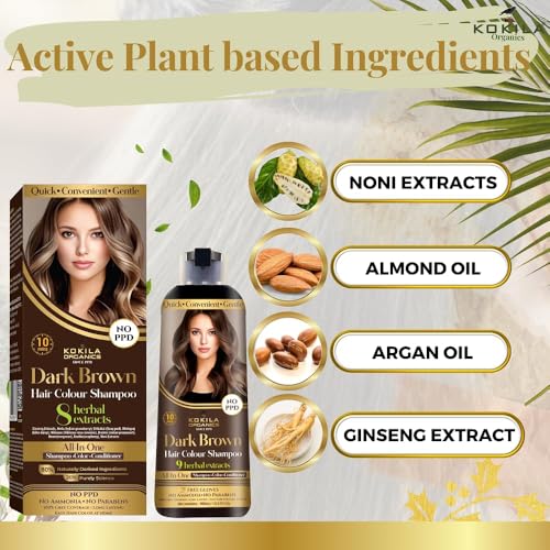 Kokila NO PPD Shampoo Hair Colour - Dark Brown 400ml for Women and Men | Natural Extracts | Colours Hair in 10 Minutes | Ammonia Free, Paraben Free - 10 Pair Free Gloves