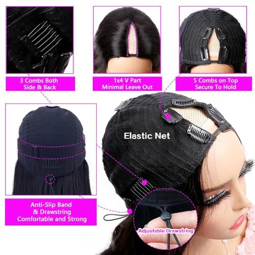 V Part Wigs Body Wave Brazilian Virgin Human Hair Wigs For Black Women Upgrade U Part Glueless Wigs Full Head Clip In Half Wig V Shape Wigs No Leave Out Lace Front Wigs 180% Density 14Inch