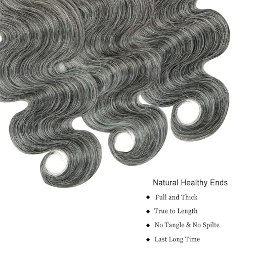 Grey Body Wave Bundles Human Hair 12 14 16 inch Salt and Pepper Human Hair Bundles 100% Unprocessed Virgin Human Hair Weave Extensions Natural Gray-White