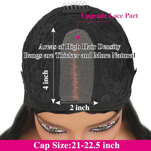 Lace Front Wigs With Bangs 2x4 Human Hair Wigs For Women 200% Density Brazilian Virgin Hair Glueless Wig Natural Black Color(22 Inch)