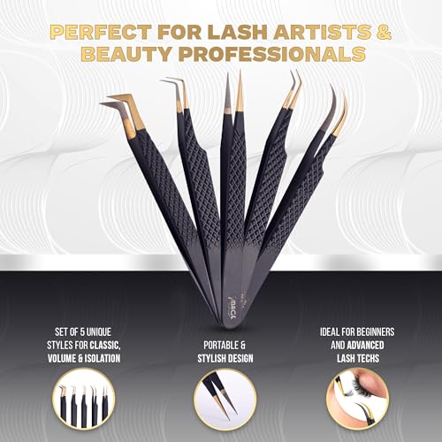 5 Pcs Fiber-Tip Japanese Steel Lash Tweezer Set with Leather Case, Professional Eyelash Tweezers for Lash Extensions ? Titanium Coated, 90 & 45 Angled, Precision Pointed Tweezers (MATT BLACK)