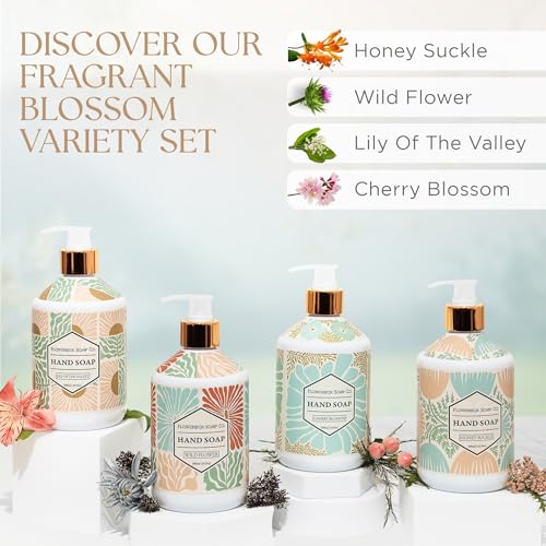 FlowerBox Liquid Hand Soap with Pump ? Set of 4 Scented, Decorative Hand Soap Dispensers for Bathroom and Kitchen ? 500 mL Luxury Floral Mosaic Bottles, Gift Pack