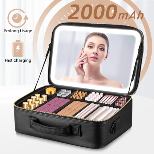 15''X11'' Large Capacity Makeup Bag with LED Mirror, Professional Makeup Case Organizer with 3 Color Light Adjustable Brightness, Travel Make up Cosmetic Case with Detachable Dividers & Shoulder Strap