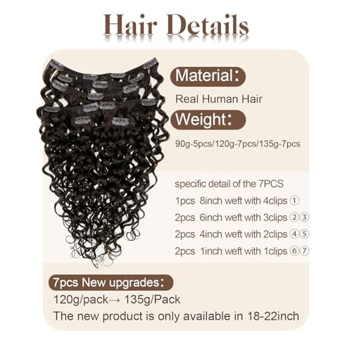 Hetto Curly Hair Extensions Brown Curly Clip in Hair Extensions Human Hair Natural Wavy #2 Darkest Brown Curly Clip Hair for Women 7Pcs 135g 22 Inch