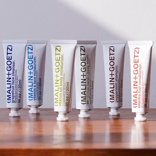 Malin + Goetz Essentials Starter Kit, Set of 6, 1 Fl. Oz. ? Face Cleanser, Face Moisturizer, Hand & Body Wash, Body Moisturizer, Hair Shampoo & Conditioner - Travel Size Toiletries