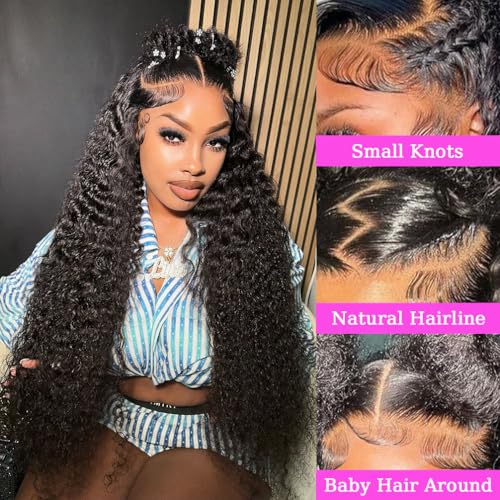 13x6 Deep Wave Lace Front Wigs Human Hair 180% Density Transparent Frontal Lace Wigs Human Hair for Women Deep Curly Glueless Wigs Human Hair Pre Plucked with Baby Hair 32 Inch Natural Black