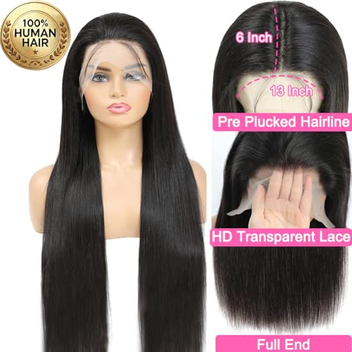 CUTE BEIN [2-Year Life, 100% Human Hair, 250g/pc, 250% Density 13x6 HD Straight Lace Front Wigs Human Hair Pre Plucked, [0.1mm Ultra-Thin HD Lace], Free Part 28 Inch