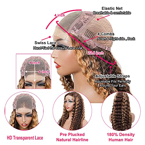 BLY Highlight Human Hair Lace Front Wigs Deep Wave #4/27 Ombre Colored Glueless Wigs Pre Plucked 24 Inch 4x4 Transparent Curly Water Wave Lace Wig Honey Blonde Real Human Hair 180% Density