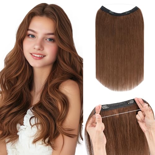 Hairro Wire Hair Extensions Human Hair, Fish Line Invisible Adjustable & Clips in Extensions Straight, 100% Real Hairpieces Seamless Blending for Women, 22 Inch 100g Medium Brown