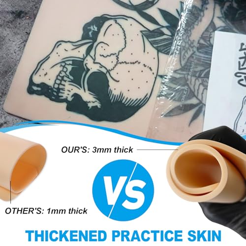 Emalla 3MM Tattoo Skin Practice - 12Pcs Premium Silicone Fake Skin for Tattoo Training 7.48"x5.6" Double Sides 3mm Fake Skin for Beginners and Artists