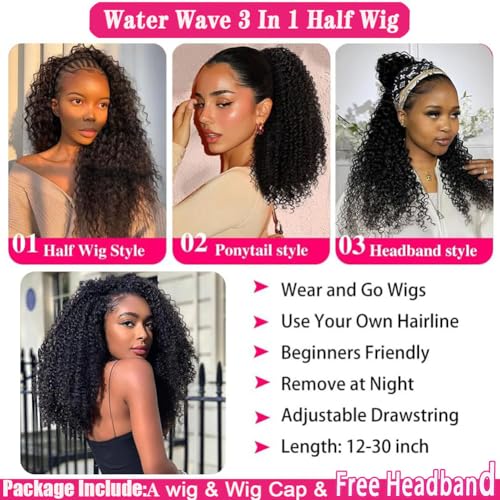 18 Inch Water Wave Half Wig Human Hair 200% Density Glueless 3-in-1 Seamless Flip Over Wear and Go Beginner Friendly Curly Half Wig Drawstring Headband Wig for Women