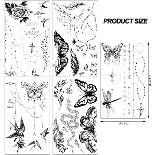 200+PCS Temporary Tattoos for Women, Waterproof Black Realistic Rose Hummingbird Necklace Tattoos Sketch Fake Tattoo for Women Body Art Arm Neck Hands Chest Neck Collarbone Spine Back