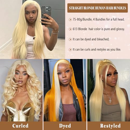 613 Blonde Bundles Human Hair 20 22 24 26 Inch 613 Straight 4 Bundles Human Hair Blonde Quick Weave 100% Unprocessed 16A Brazilian Virgin Hair