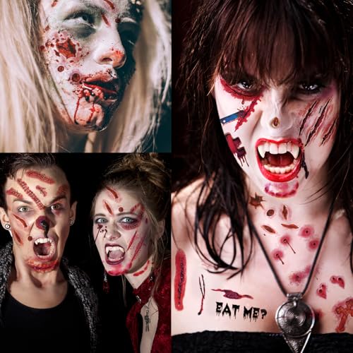 30 Sheets 220+ PCS Halloween Fake Scars Tattoos Temporary, Chucky Zombie Makeup Kit, Realistic Halloween Face Stitch Scar Makeup Tattoos Stickers Masquerade Prank Makeup Props