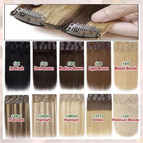 22iINCH Clip In Hair Extensions Real Human Hair, Remy Human Hair Extensions 12PCS Long Soft Natural Hair piece 14-28 Inch Straight Hair Extension for Women(180g-250g 1#(Jet Black)