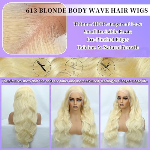 36 Inch 613 13x6 Lace Front Wig Human Hair 200 Density Blonde Body Wave Lace Front Wigs Human Hair Pre Plucked 613 HD Lace Frontal Wig 13x6 Blonde Glueless Wigs Human Hair for Women