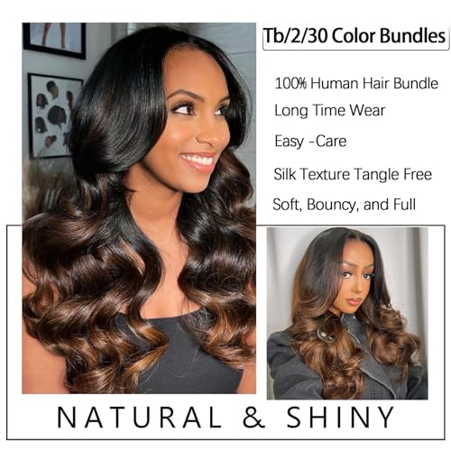 Human Hair Bundles with Closure Quick Weave TB/2/30 Highlight Ombre Loose Deep Wave Human Hair Bundles with 4x4 HD Closure 20 22 24+20free Loose Wave Hair 3 Tone Black to Blonde Extensins