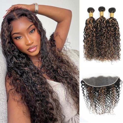 Honey Blonde Highlight F1B30 Bundles Human Hair with Frontal Water Wave, 12A Brown and Black Color Curly Ombre Soft Wet and Wavy 3 Bundles with 13x4 HD Lace Frontal 100% Remy 12 14 16 + 12 In