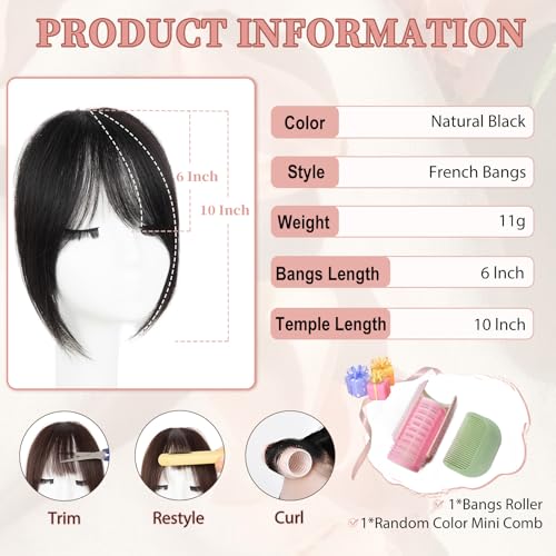Clip in Bangs, 100% Real Human Hair Natural Black Fake Bangs Clip in Hair Extensions French Bangs Fringe with Temples Hairpieces for Women Curved Curtain Bangs for Daily Wear