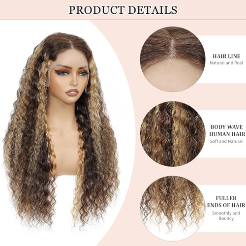 30 Inch Honey Blonde Lace Front Wigs Human Hair 13x6 Highlight Ombre Deep Wave Lace Front Wig Human Hair 4/27 Glueless Deep Wave Human Hair Wigs Pre Plucked with Baby Hair for Women