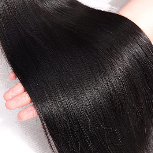 Subella Brazilian Straight Hair 3 Bundles with Closure Grade 10A Unprocessed Brazilian Virgin Human Hair Bundles with Closure Natural Black Color (22 24 26+20inch)