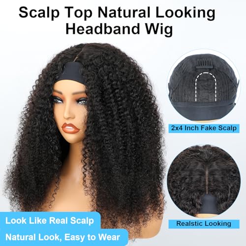 BLY Afro Curly Headband Wig Human Hair Half Wig for Women Glueless Kinky Curly 3 In 1 Wig 10A Grade 180% Density Natural Black Middle Part Headband Wigs 24 Inch
