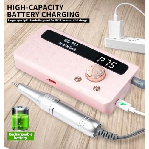 Electric Nail File Professional Kit - Professional 45000RPM Portable Nails Drills Kit with 11 Bits & Base LED Screen Cordless E Filer for Gel Acrylic Nails Remover Home Salon Manicure Pedicure Tools