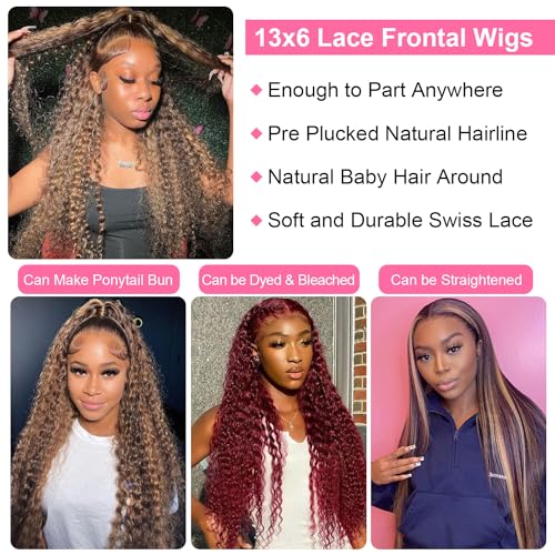 30 Inch 13x6 Deep Wave Lace Front Wigs Human Hair Pre Plucked 4/27 Highlight Ombre Colored Glueless Wigs Water Wave Honey Blonde Lace Frontal Wigs Human for Black Women with Baby Hair