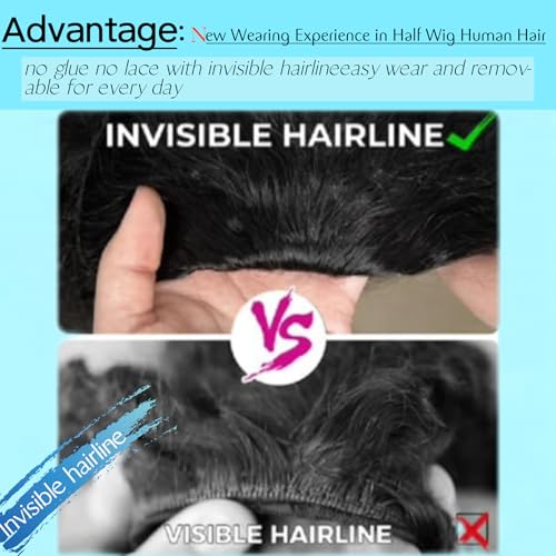 Kinky Curly Half Wig Human Hair Drawstring Seamless Flip Over Half Curly Wig Human Hair Invisible Hairline Glueless Wear and Go Wigs For Black Women Beginner Friendly 20Inch 200% Density