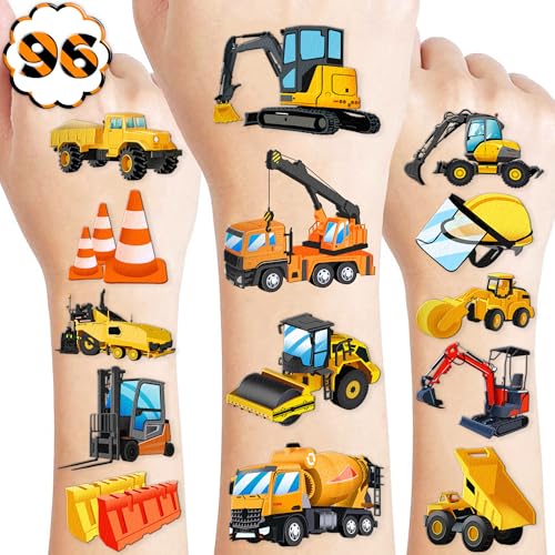 96 PCS Construction Car Truck Pre-Cut Temporary Tattoos for Kids | Super Cute Themed Birthday Party Favors, Supplies, Decorations, Fake Tattoo Stickers (multiple)