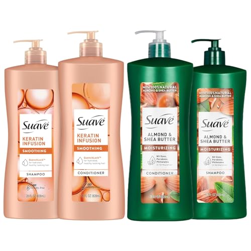 Suave Shampoo and Conditioner Set, Keratin Infusion + Almond & Shea Butter ??Frizz Control and Moisturizing Hair Care Bundle, 28 Oz Ea (4 Piece Set)