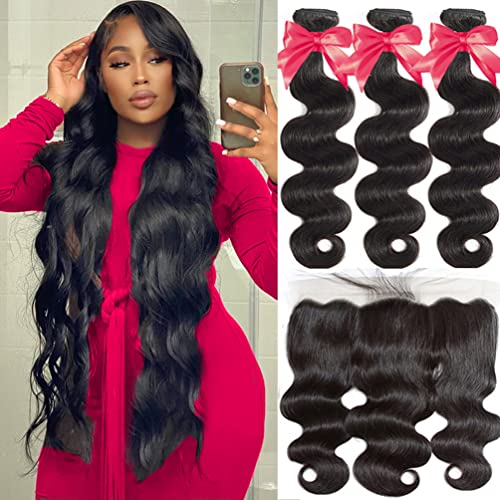 Bundles with Frontal (16 18 20+16, Natural Black) Brazilian Body Wave Human Hair Weaves Bundles with 13 * 4 Lace Front 100% Unprocessed Human Hair Ear To Ear Lace Frontal with Pre-Plucked Baby Hair