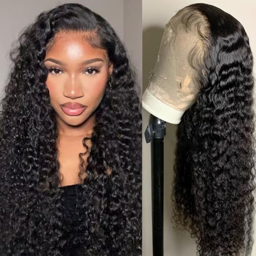 13x4 Deep Wave Lace Front Wigs Human Hair 180% Density Deep Curly Wigs for Women Brazilian Wig HD Transparent Lace Human Hair with Baby Hair Glueless Wig Natural Black 28 Inch