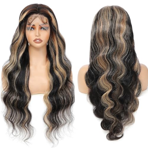 32 Inch 1B/27 13x6 Balayage Highlight Ombre Body Wave Lace Front Wigs Human Hair Honey Blonde Colored Lace Frontal Glueless Wigs Human Hair Pre Plucked for Women with Baby Hair