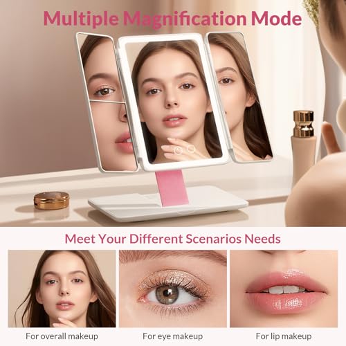 EASEHOLD Foldable Tri-Fold Lighted Makeup Vanity Mirror with 60 LED Lights, 1X/2X/3X Magnification, Touch Control Dimming, 3000mah Rechargeable, 360¡Æ Rotation, Portable Travel Folding Compact Mirror