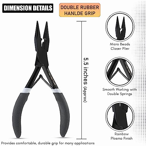 Hair Extension Tools Kit Includes Micro Beads Remover & Crimping Pliers set, Stainless Steel Micro Rings Pulling Hook & Loop Tool Packed in Soft Case (Black with Rubber Grip)