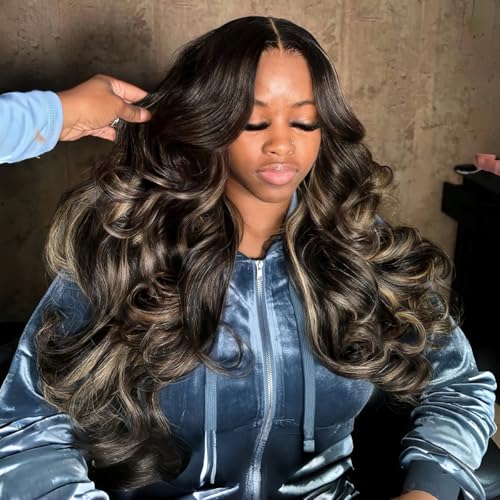 13x6 Ombre Black to Balayage Highlights Lace Front Human Hair Wig 210% Density Loose Body Wave Black to Ash Blonde Highlight Tone Wig Custom Hd Lace Wig Pre Plucked for Any Occasions 26Inch
