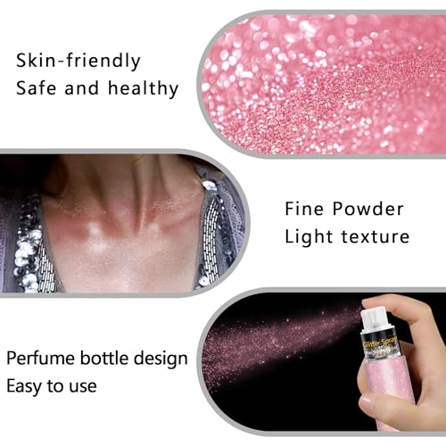 Hair and Body Glitter Spray, Holographic Glitter Highlighter Powder, Face Body Clothes Shiny Glitter, Loose Shimmer Hairspray Festival Rave Prom Accessories, 10g (03# Pink)