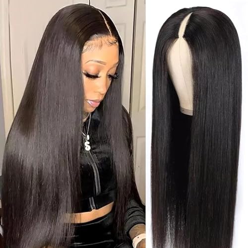 Straight V Part Wigs Human Hair Upgrade U Part Human Hair Wigs for Women Glueless Full Head Clip In Half Wig Natural Color 24inch