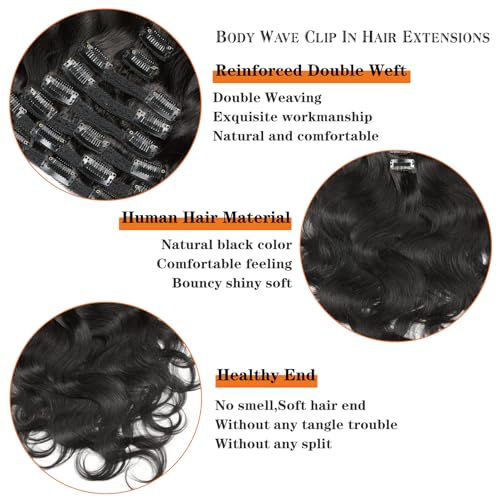 Body Wave Clip Ins Human Hair 8Pcs/Set 120 Gram Body Wave Clip in Hair Extensions 10A Brazilian Virgin Human Hair for Black Women Natural Black Color 24 Inch